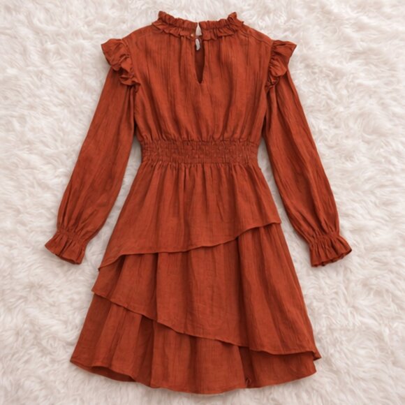 Grace Karin Burnt Orange Boho Ruffle Dress Size XXL | Tiered Midi Smocked Waist - Picture 2 of 4